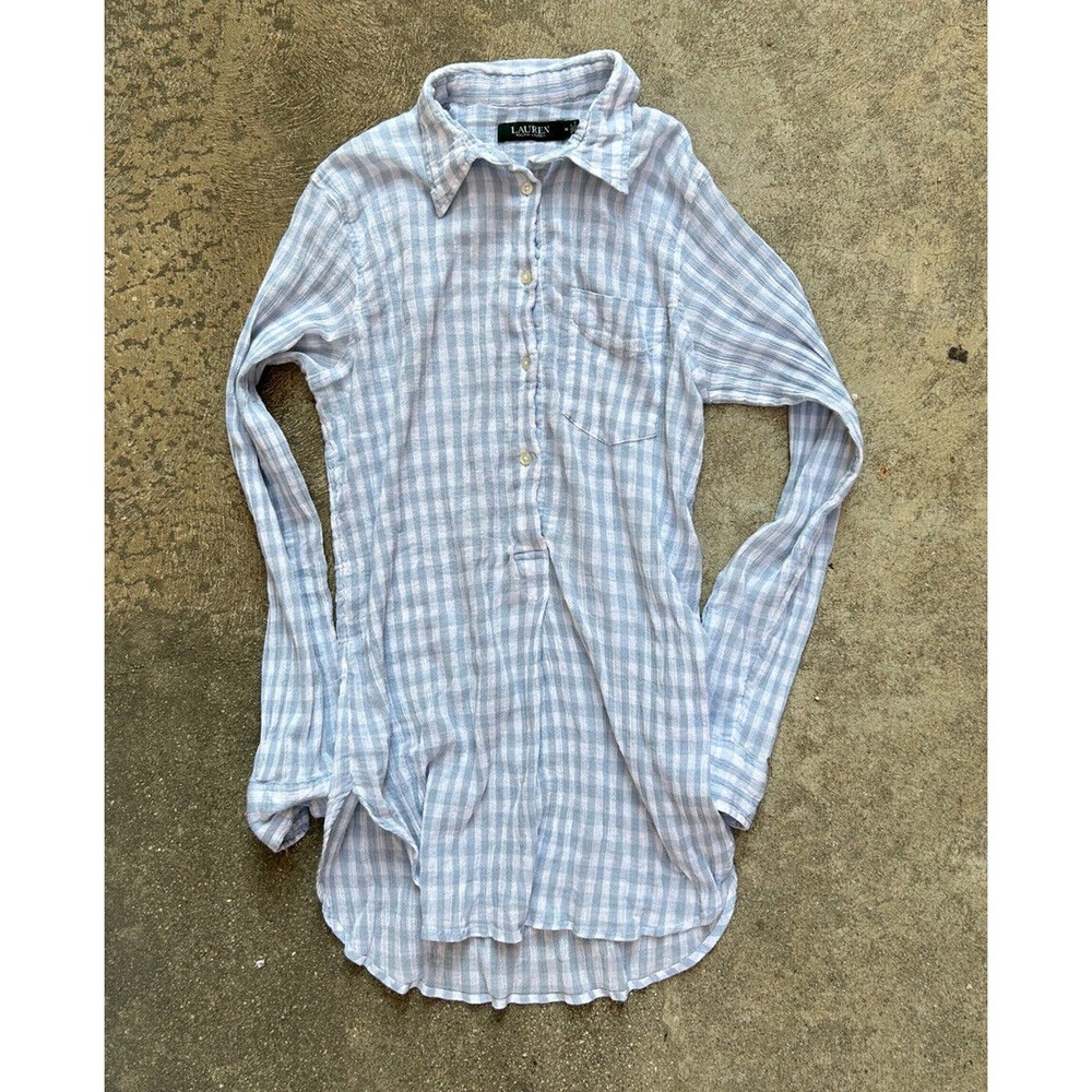 Lauren by Ralph Lauren Womens Sz M Crinkle Gingham Long Sleve Tunic Top Shirt